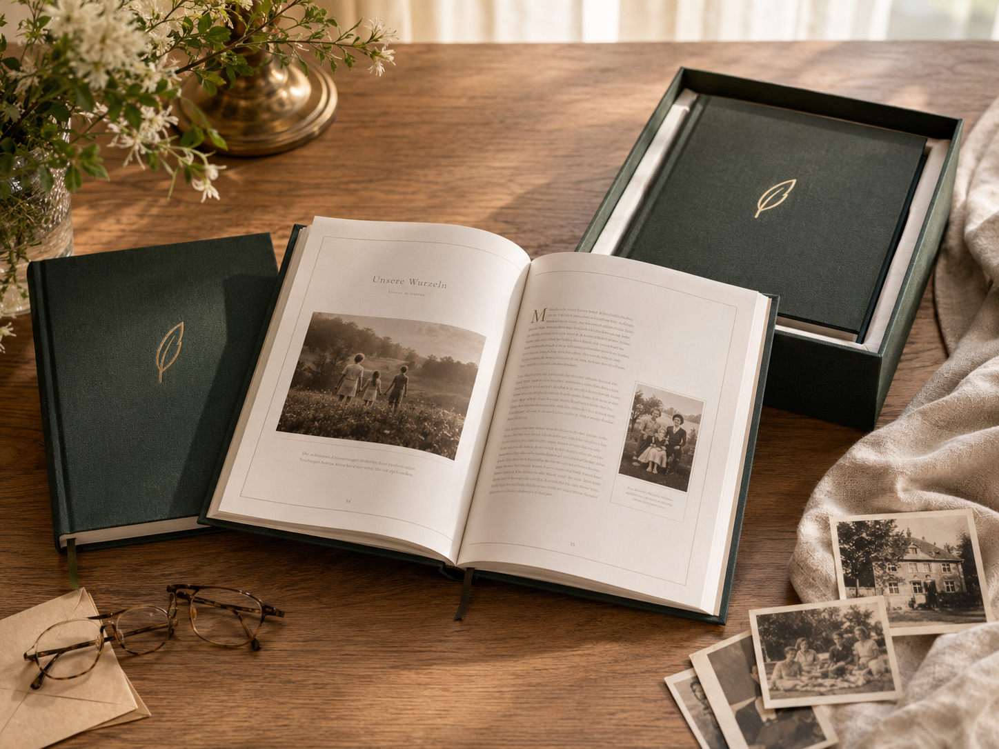 Aufgeschlagene Vita Biografie mit Hardcover-Bänden auf einem Holztisch