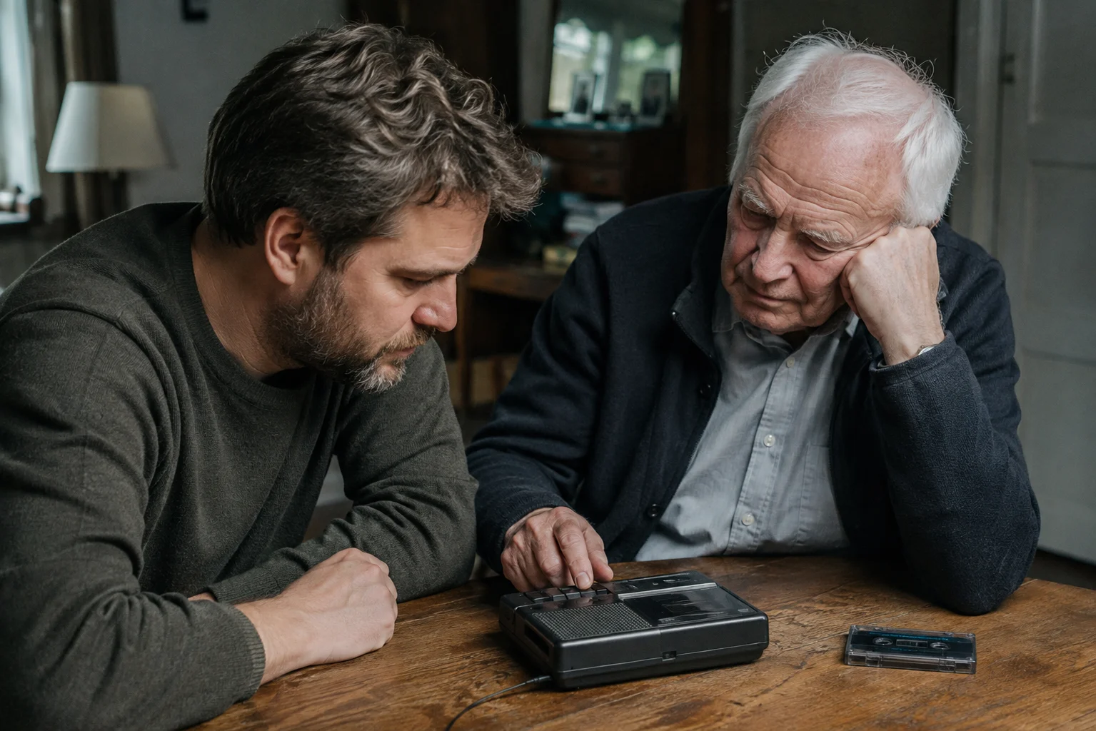 Ein älterer Vater und sein erwachsener Sohn hören gemeinsam eine alte Familienaufnahme