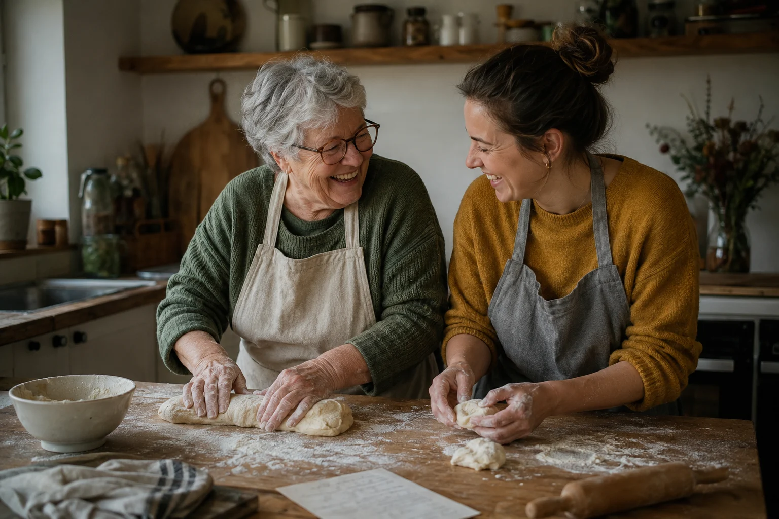 Großmutter und erwachsene Enkelin erzählen beim gemeinsamen Backen über ein Familienrezept