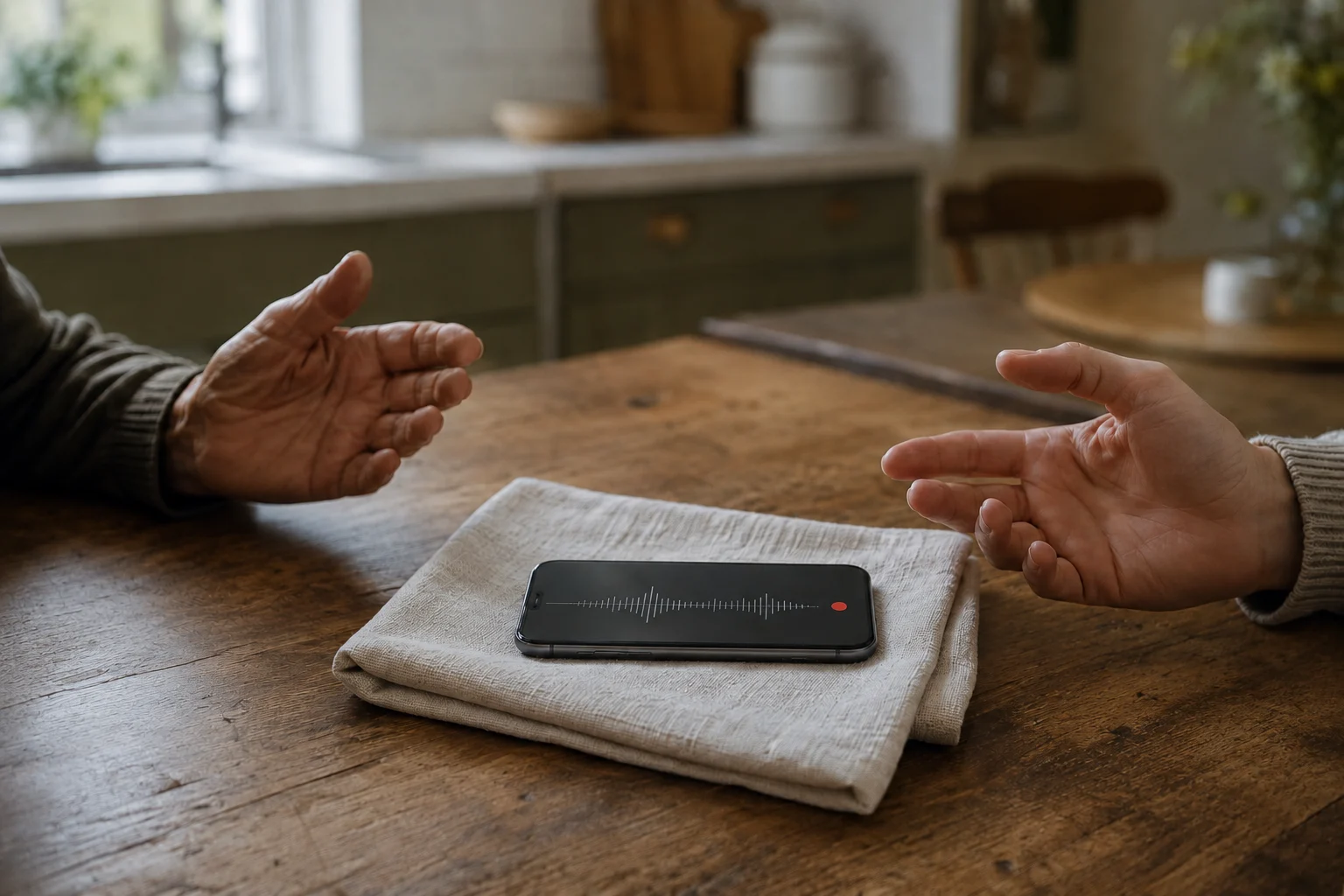Ein Smartphone nimmt ein ruhiges Gespräch zwischen zwei Generationen auf