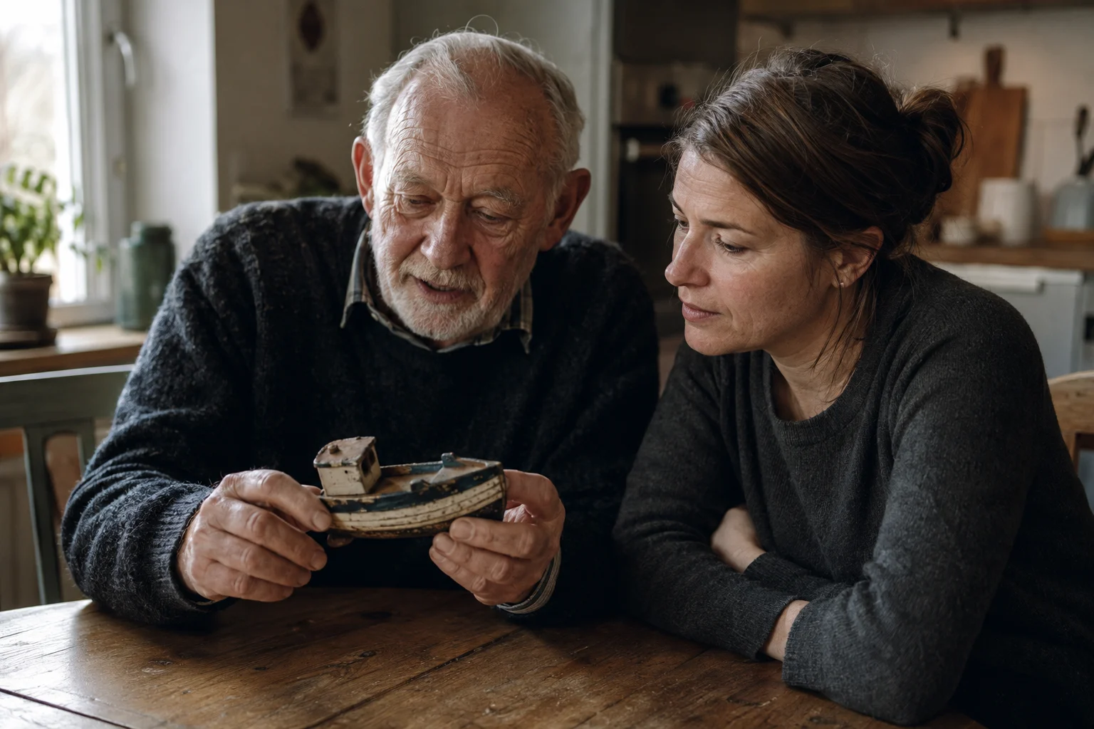 Ein Vater zeigt seiner erwachsenen Tochter ein altes Spielzeugboot und beginnt, die Geschichte dahinter zu erzählen